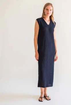 Gauhar - pellavamekko v-kaula-aukolla, navy